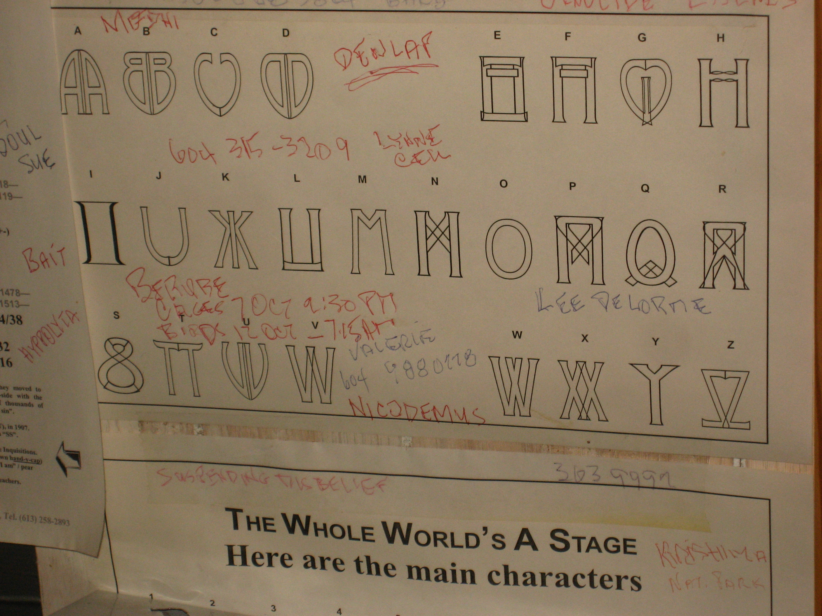 Glen Kealey's hand-drawn working sheet of Desdemona letters, annotated