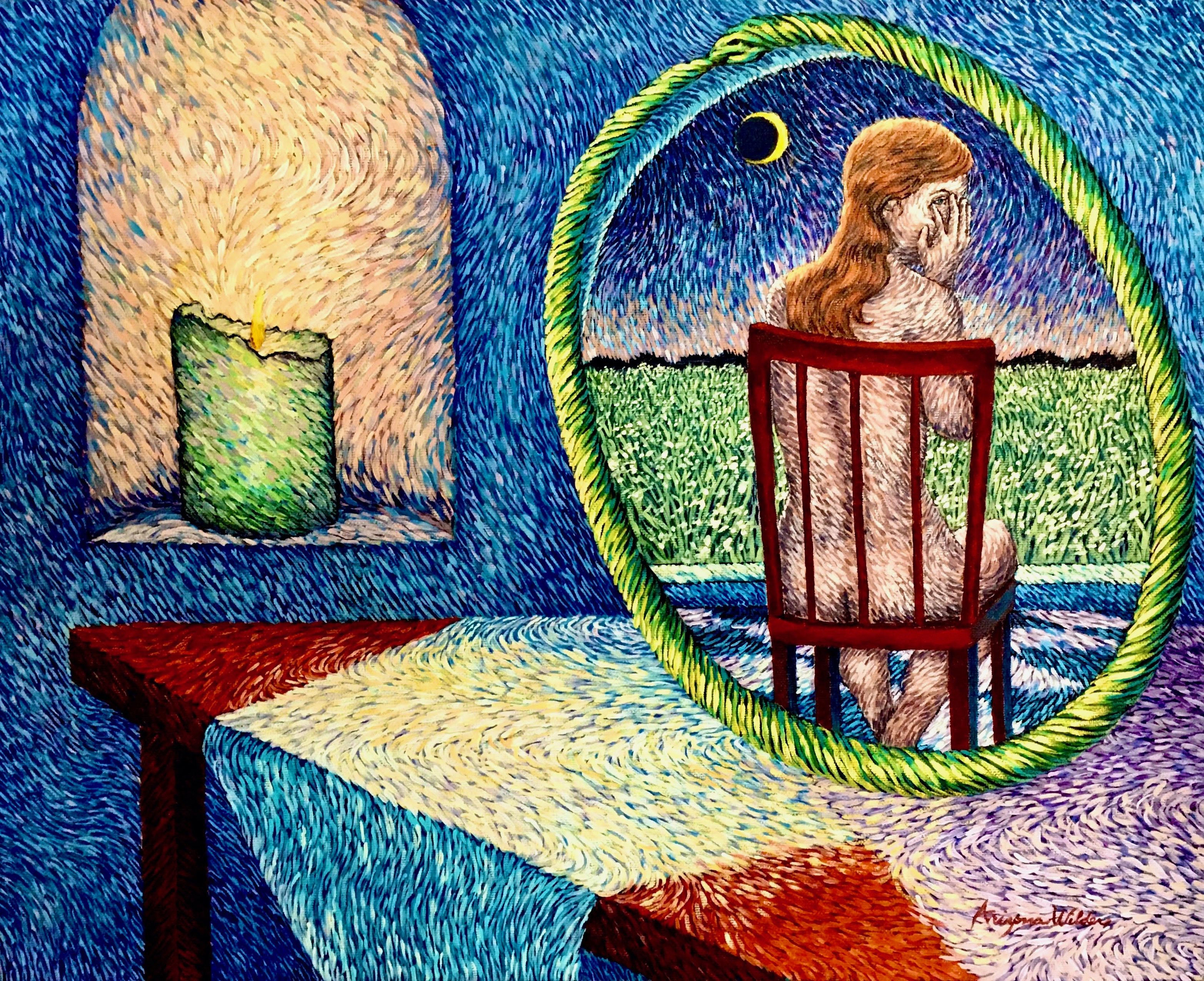 Painting by Jennifer Ann Kealey in dense swirling strokes: a green candle in an arched alcove and a round mirror showing a seated figure under a crescent moon