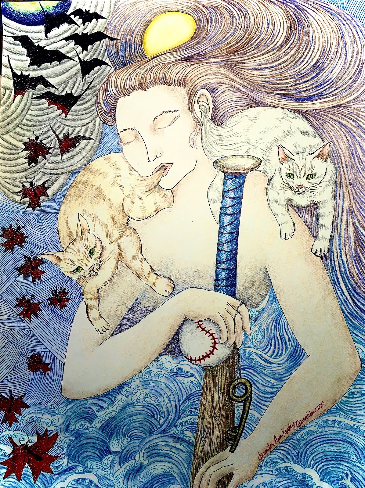 Drawing by Jennifer Ann Kealey, signed 2020: a woman with flowing hair holding a baseball bat, ball, and key, two cats on her shoulders, bats and maple leaves in the sky